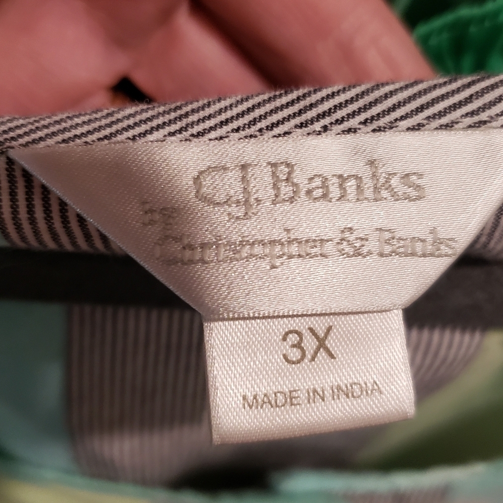CJ Banks Cotton 100% Button Down Short Sleeve Top Size 3X Green White Li… - Picture 8 of 13